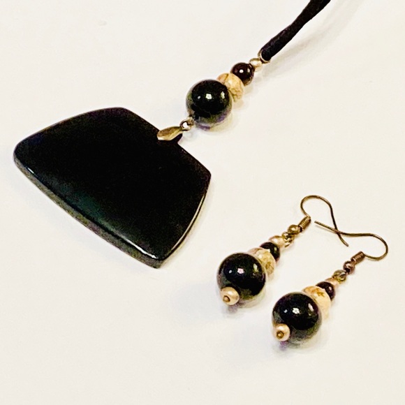 Unique BLACK AGATE Stone w/ Tan Picture Jasper Necklace & Matching Earrings Set - Picture 9 of 9